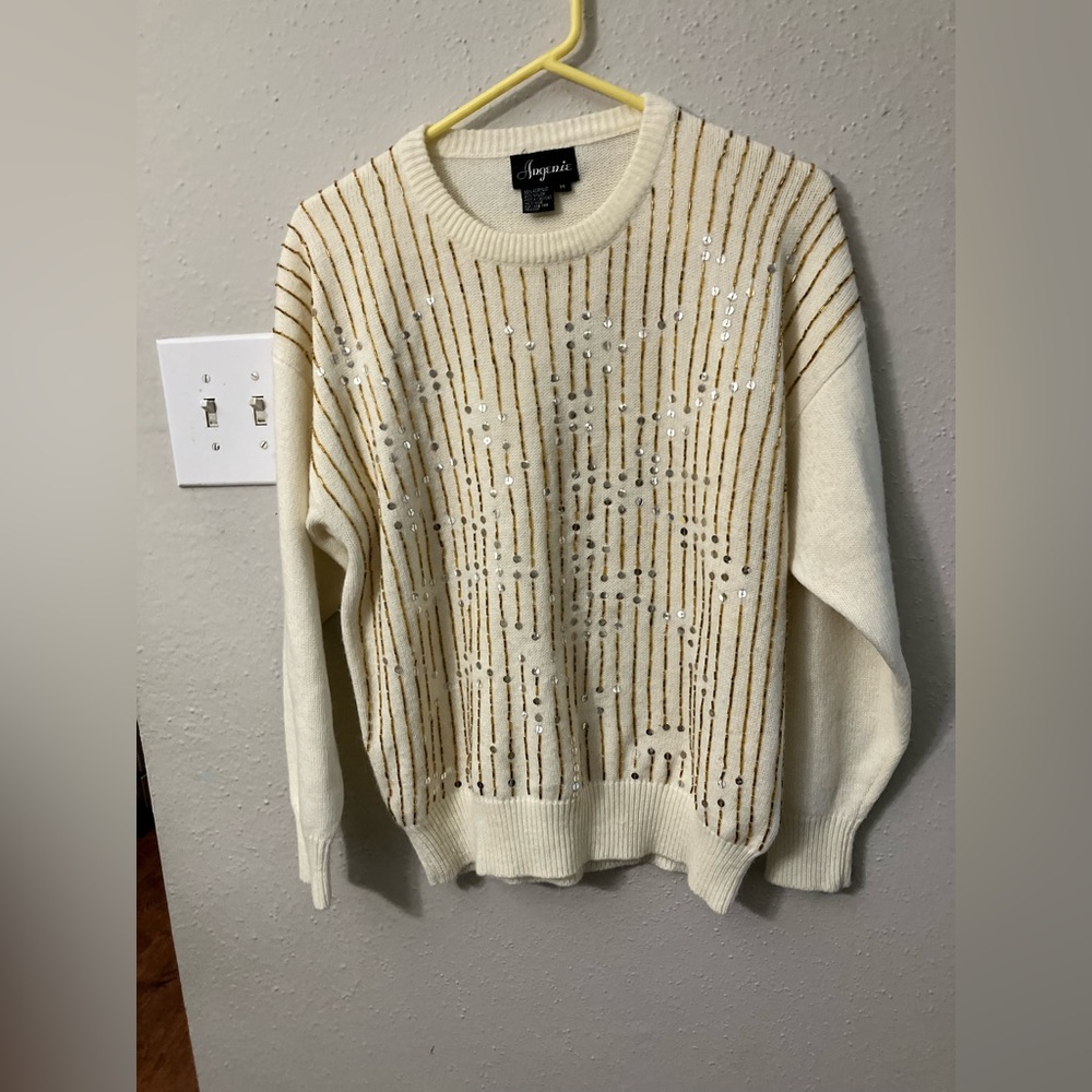 Sequin Embellished Cream Sweater